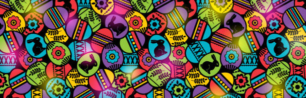 istock Easter banner with color eggs with flowers, leafs and rabbit. Easter Day holiday design. Horizontal background, headers, posters, cards, website. Vector illustration. 1215540145