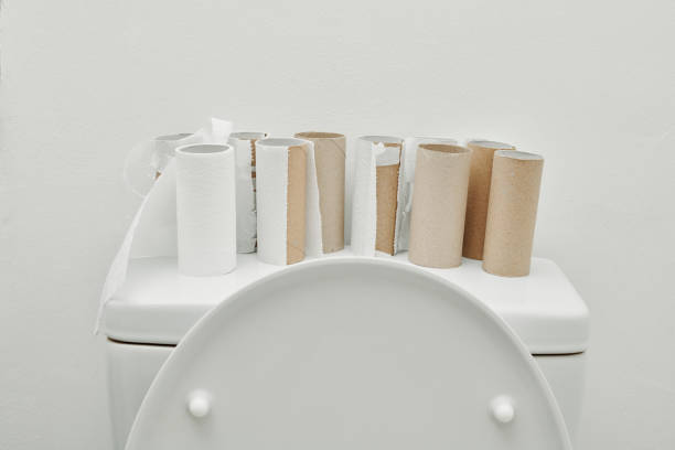 istock Problems ahead, back of a toilet with many empty toilet rolls. 1215540232