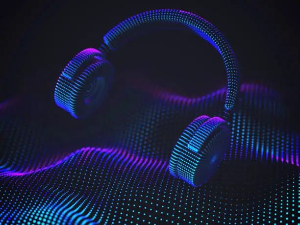 Vector illustration of 3D headphones on sound wave background. Colorful abstract visualization of digital sound and electronic music listening.