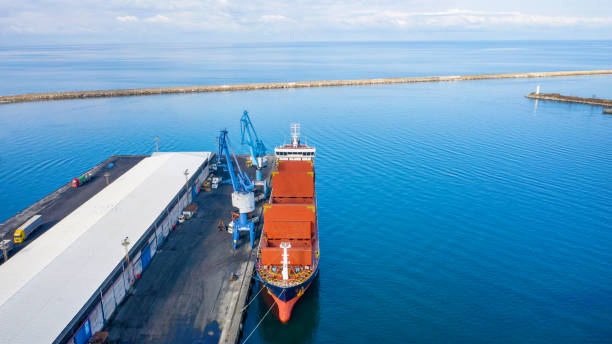 istock Cargo ship unloading of coal in a commercial port. 1215540594