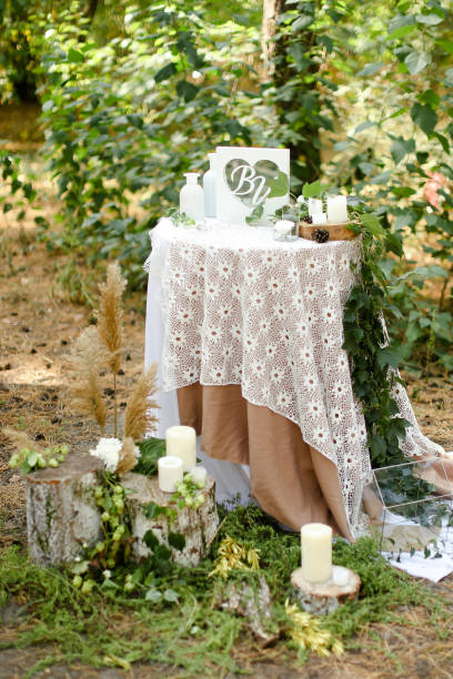 istock White little decorated wedding table near altar outside 1215543185