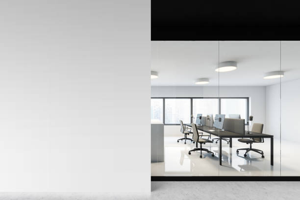 istock White and glass open space office, mock up wall 1215544473
