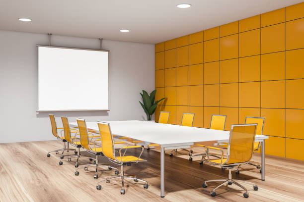 istock Yellow and white meeting room corner with screen 1215545189