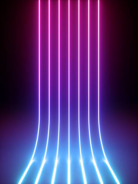 3d render, abstract vertical neon lines glowing in the dark. Laser rays virtual performance on the stage with floor reflection. Minimal geometric design.