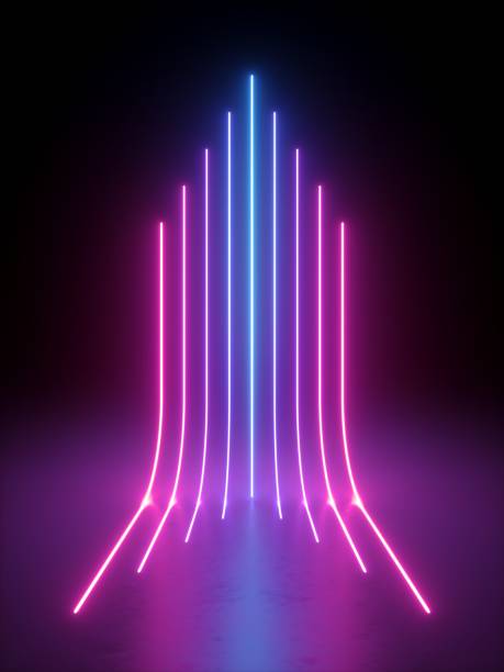 istock 3d render, abstract vertical neon lines glowing in the dark. Laser rays virtual performance on the stage. Minimal geometric design. 1215545771