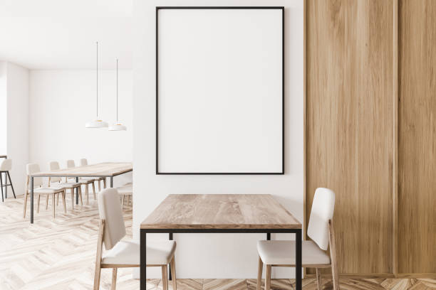 istock White and wooden cafe bar with poster 1215545970