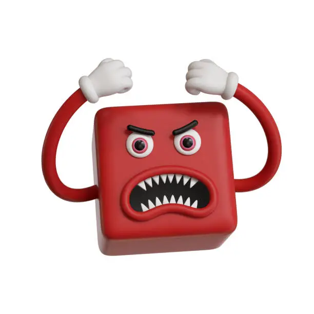 Photo of 3d render, abstract emotional red face icon, aggressive emoticon clip art isolated on white background. Angry cartoon character illustration, mad monster hands up, square emoji, crazy cubic toy