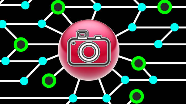Camera icon on the screen. Circuit board in the screen. electronic organizer photos stock illustrations