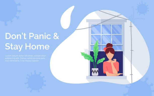 ilustraciones, imágenes clip art, dibujos animados e iconos de stock de concepto de cuarentena y autoaislamiento. una chica mirando por la ventana. permanecer en casa con autocuarentena. proteger de los virus - quedarse en casa frase