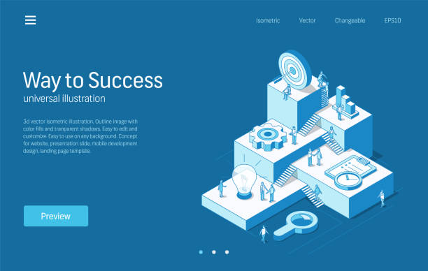Way to success. Business people teamwork. Modern isometric line illustration. Idea research, strategy planning process, target goal vector icon. Growth step infographic concept. Way to success. Business people teamwork process. Modern isometric line illustration. Idea research, strategy plan, marketing, target goals icon. 3d vector background. Growth step infographic concept. climbing stairs drawing stock illustrations
