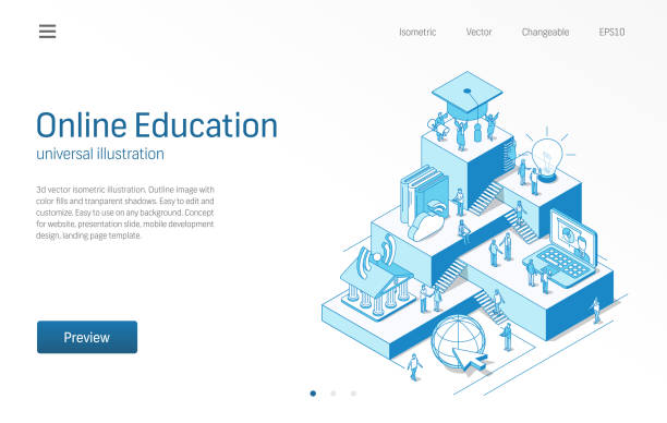 Online Education. Learning students teamwork. E-learning modern isometric line illustration. Digital university, training, library vector icon. Growth step infographic concept. Online Education. Learning students teamwork. E-learning isometric line illustration. Digital university, distance study, virtual library icon. 3d vector background. Growth step infographic concept. climbing stairs drawing stock illustrations