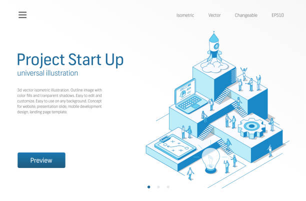Project Start Up. Business people teamwork. Success startup modern isometric line illustration. Development process, innovation product, rocket launch vector icon. Growth step infographic. Project Start Up. Business people teamwork. Success startup modern isometric line illustration. Development process, innovation product, rocket launch vector icon. Growth step infographic concept. climbing stairs drawing stock illustrations