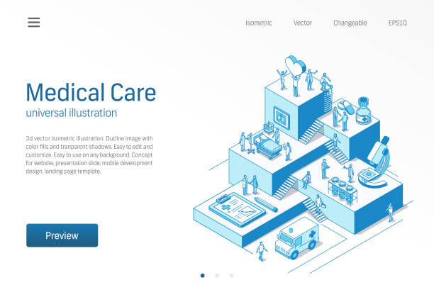 Medical Care. Doctor and nurse teamwork. Healthcare, patient treatment isometric line illustration. Hospital, clinic research, lab diagnostic icon. Growth step infographic concept Medical Care. Doctor and nurse healthcare teamwork. Coronavirus patient treatment isometric line illustration. Hospital, clinic research, lab diagnostic icon. Growth step infographic 3d vector concept medical infographics stock illustrations