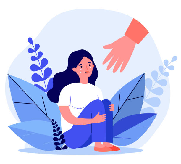 Young woman getting help and cure from stress Young woman getting help and cure from stress flat vector illustration. Girl feeling anxiety and loneliness. Helping hand. Psychotherapy, counseling and psychological support concept. poverty illustrations stock illustrations