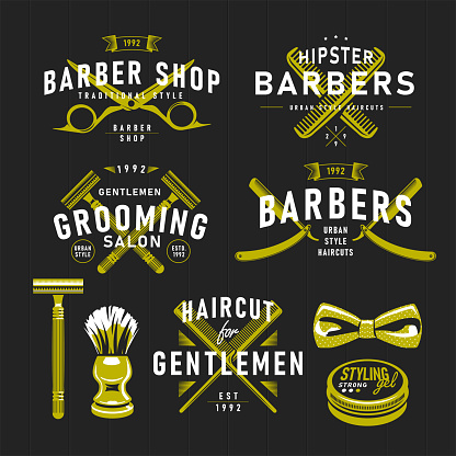 A set of Barbershop vintage emblems isolated on black background.
Vector illustration, global colours easy to edit, all objects grouped and layered.