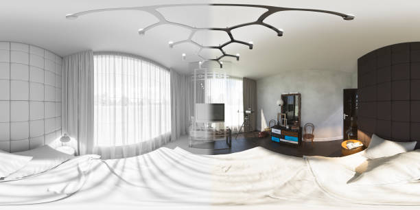 istock 3d illustration spherical 360 degrees, seamless panorama of bedroom interior design. 1215550824