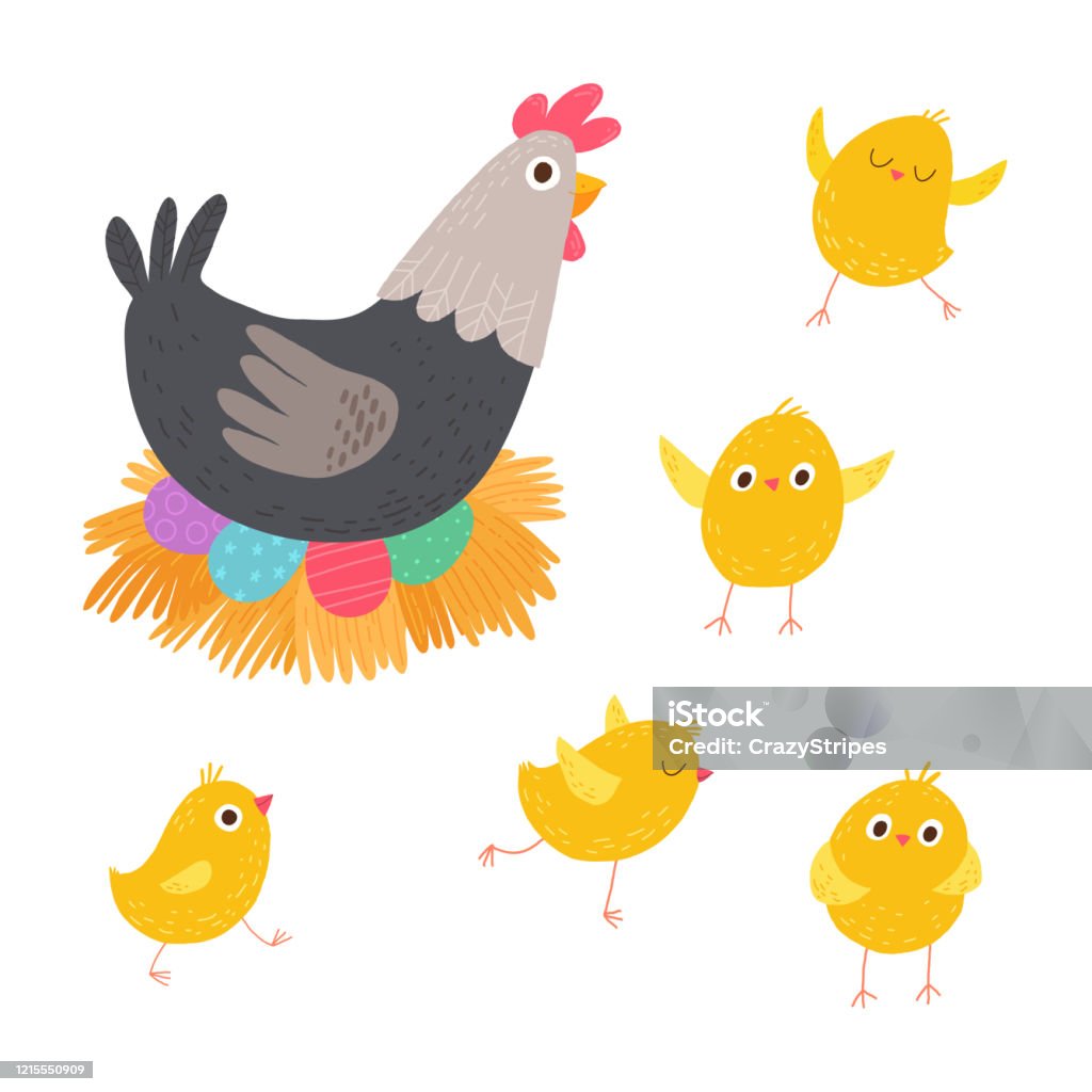 Gà Mái Phục Sinh Và Gà Con Hen Ngồi Trên Những Quả Trứng Đầy Màu ...