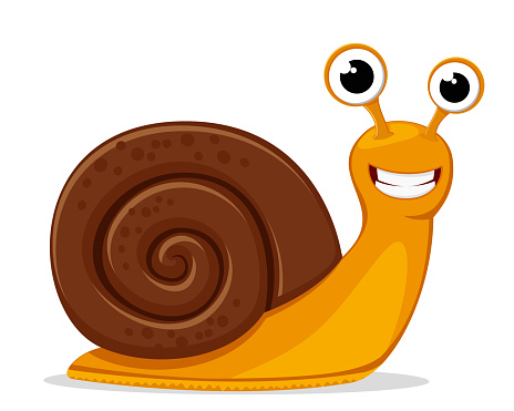 Round shell snail crawls and smiles on a white background. Character