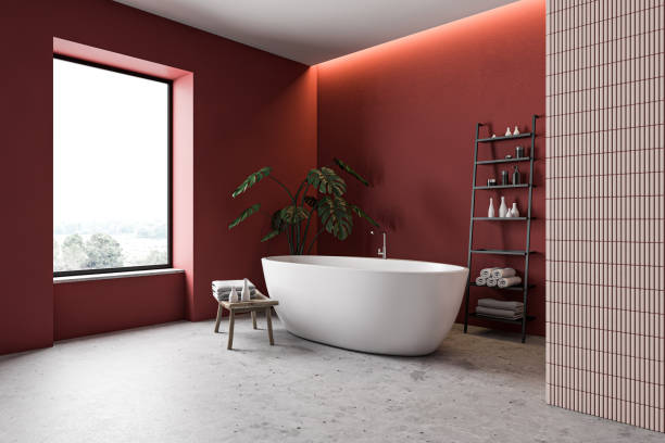 istock Red and pink bathroom corner with tub 1215551558