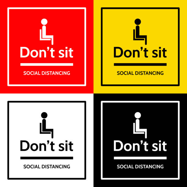 the label with people sit icon and text “don’t sit” and text “social distancing”. the label with people sit icon and text “don’t sit” and text “social distancing”. Dont stock illustrations