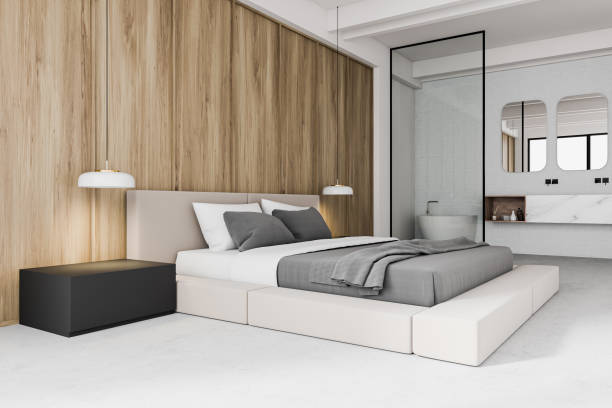 istock Wooden master bedroom and bathroom interior 1215552642