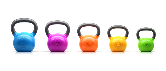 Kettlebell colorful set isolated on white background. 3d illustration