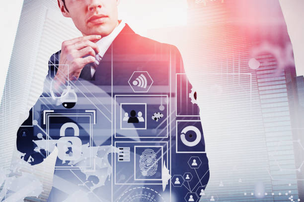 istock Thoughtful man in city, business interface 1215553430
