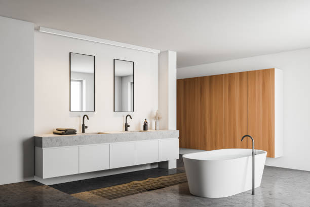 istock White and wooden bathroom corner with cabinet 1215554194