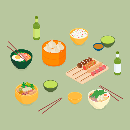 Dinner in an asian restaurant set. Isometric vector illustration in flat design.