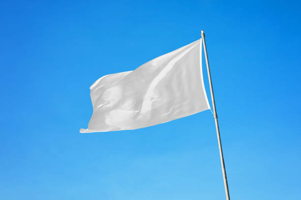 istock Waving white flag. Blank flag on flagpole mockup 1215555827