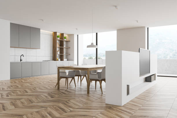 istock White kitchen and living room interior 1215556477