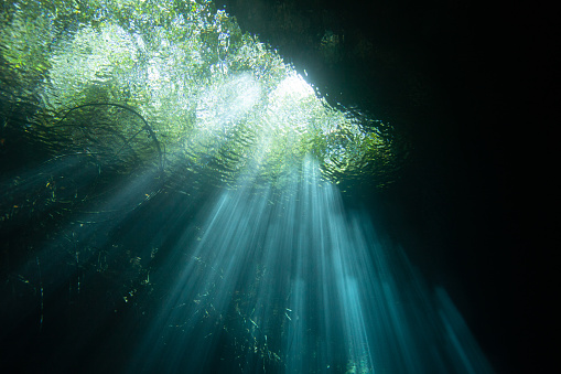 Lightray's penetrate the clear waters of the incredible underwater caves called 'Cenotes' in the Yucatan Penusula, Mexico