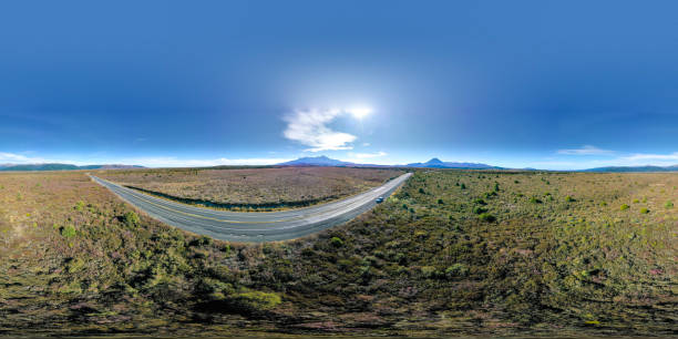 360 Panorama of Road in the Desert with Mountains in the Background Aerial spherical photo of Desert Road and Mount Ruapehu in the background tongariro national park photos stock pictures, royalty-free photos & images