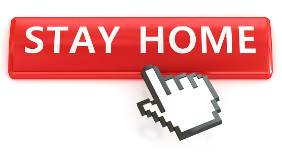 Stay Home. Red push button with click hand cursor isolated on the white background. Web design icon sets.
