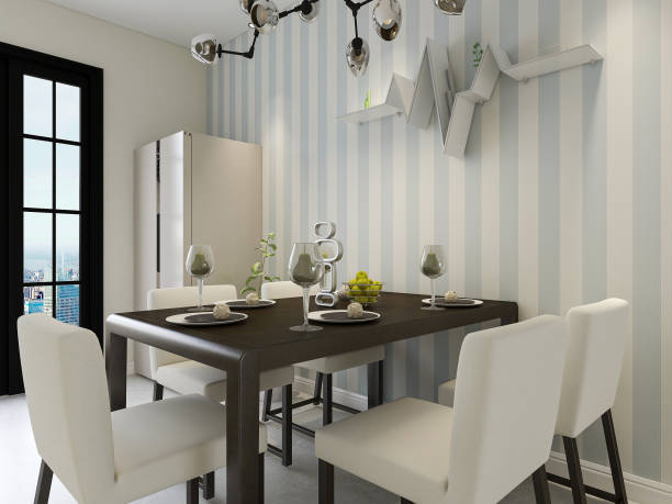 istock 3D rendering, warm dining room area design, wooden table and chair 1215561663