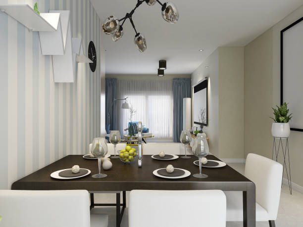 istock 3D rendering, warm dining room area design, wooden table and chair 1215561674