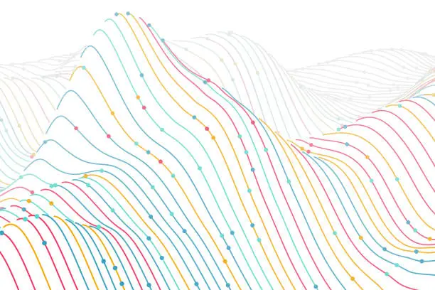 Vector illustration of 3D digital colored wireframe landscape on white background. Sound waves abstract visualization.