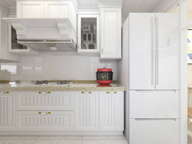 istock 3D rendering,Modern family kitchen design, new cabinets and kitchenware with refrigerators, sunlight from the window. 1215563152