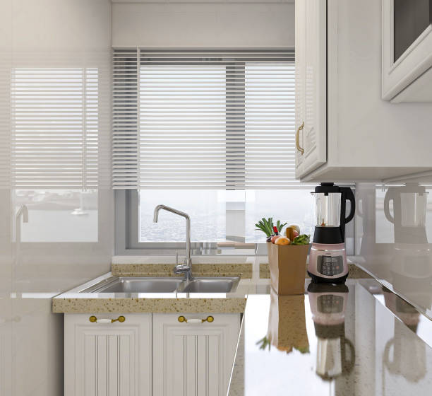 istock 3D rendering,Modern family kitchen design, new cabinets and kitchenware with refrigerators, sunlight from the window. 1215563160