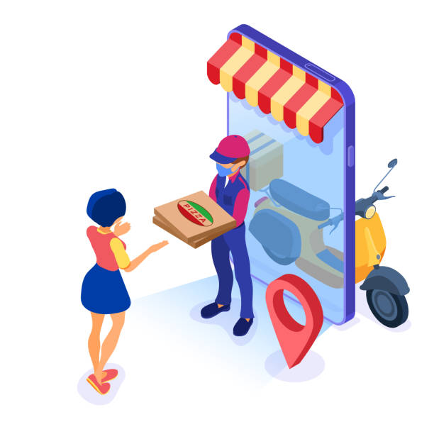 online food order package delivery service online food order and package delivery service food shipping isometric courier in mask pandemic quarantine protection covid-19 with pizza and scooter girl receives order isometric vector illustration restaurant masks stock illustrations