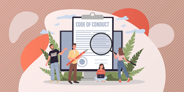 Business people studying code of conduct paper vector illustration. Office people working on company ethical integrity document on laptop screen. Code of business ethics and values