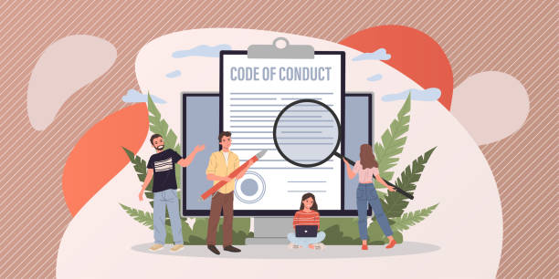 Business people studying code of conduct paper Business people studying code of conduct paper vector illustration. Office people working on company ethical integrity document on laptop screen. Code of business ethics and values simple living stock illustrations