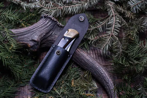 Photo of Folding knife in a leather case for carrying on a belt. Carrying a knife in a case.