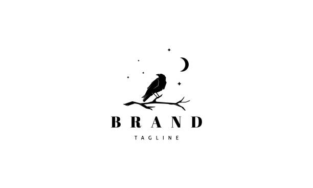 Vector logo on which an abstract image of a raven sitting on a branch under the moon. Vector logo on which an abstract image of a raven sitting on a branch under the moon. raven bird stock illustrations