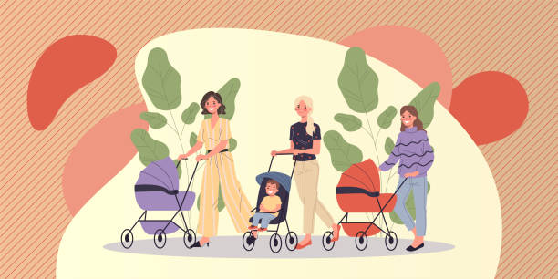 illustrations, cliparts, dessins animés et icônes de nouvelles mamans marchant avec des enfants - mother baby carriage women walking