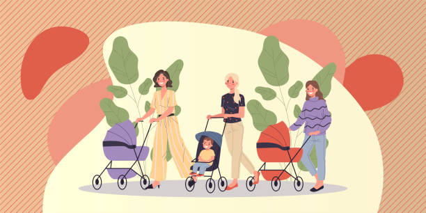 nowe mamy chodzące z dziećmi - mother baby carriage women walking stock illustrations