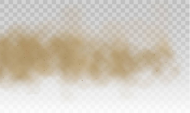 Flying cloud sand. Flying sand. Brown dusty cloud or dry sand flying with a gust of wind, sandstorm. Dust cloud. Scattering trail on track from fast movement. Brown smoke realistic texture vector illustration. dust storm stock illustrations