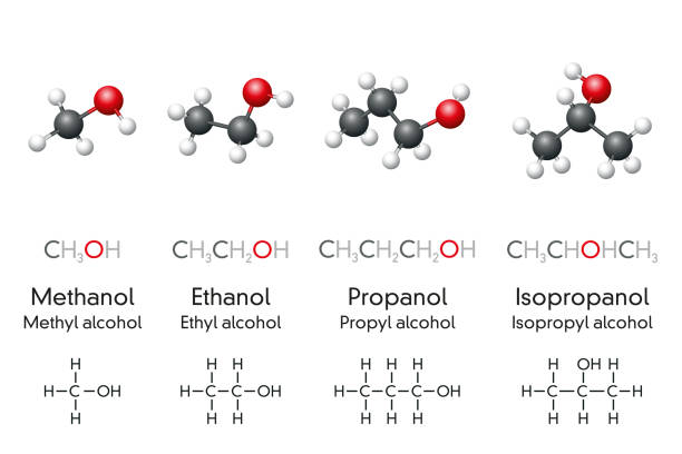 methanol, ethanol, propanol und isopropanol, molekulare modelle und chemische formeln - ethanol stock-grafiken, -clipart, -cartoons und -symbole