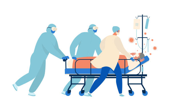 Medical workers, doctors and a nurse are running for a stretcher with an elderly patient in intensive care Resuscitation. Concept of coronavirus quarantine vector illustration. Medical workers, doctors and a nurse are running for a stretcher with an elderly patient in intensive care Resuscitation. Concept of coronavirus quarantine vector illustration. covid 19 patient stock illustrations