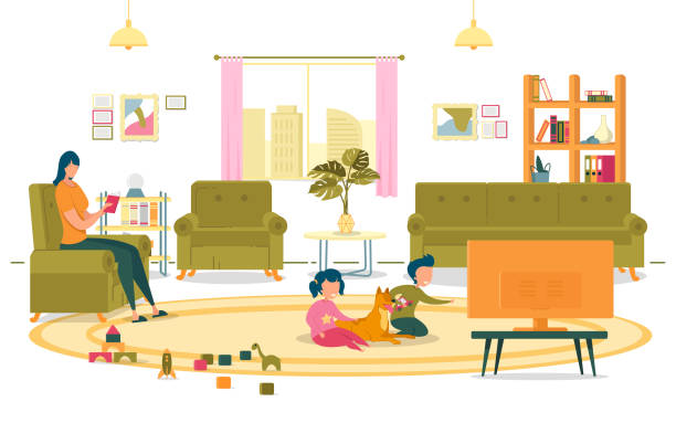 Kids Sitting on Living Room Floor and Watching TV. Boy and Girl Sitting on Living Room Floor and Watching TV Set Flat Cartoon Vector Illustration. Dog Lying with Children. Mother in Armchair and Reading Book Observing Kids. Leisure Time. kids watching tv stock illustrations